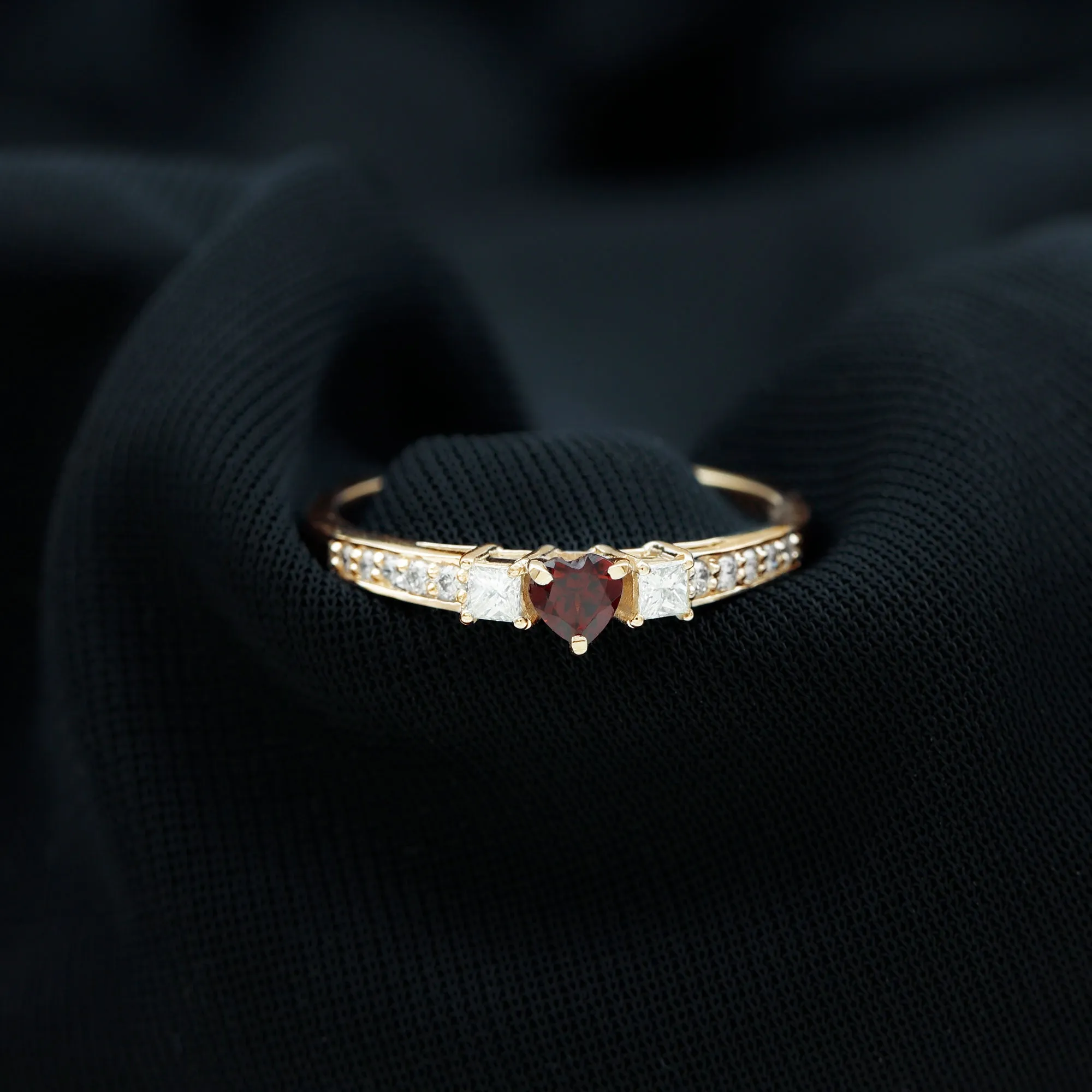 Three Stone Engagement Ring with Heart Shape Garnet and Diamond