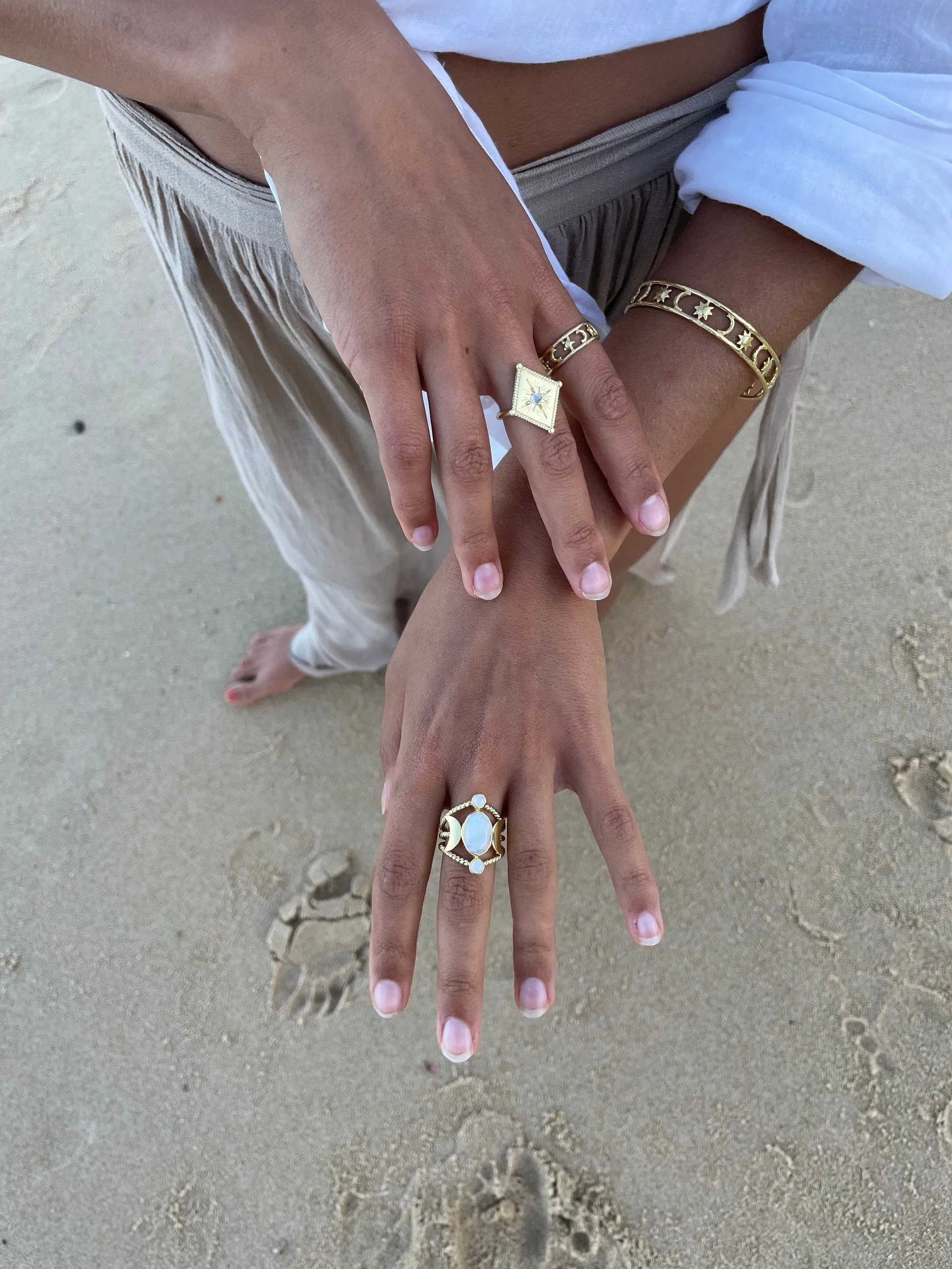 Triple Goddess Raina Gold Moonstone Ring