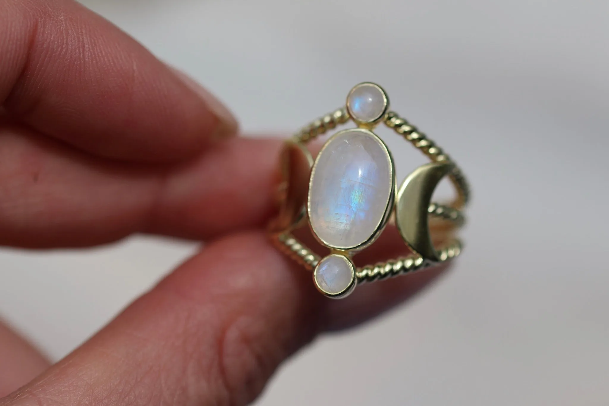 Triple Goddess Raina Gold Moonstone Ring