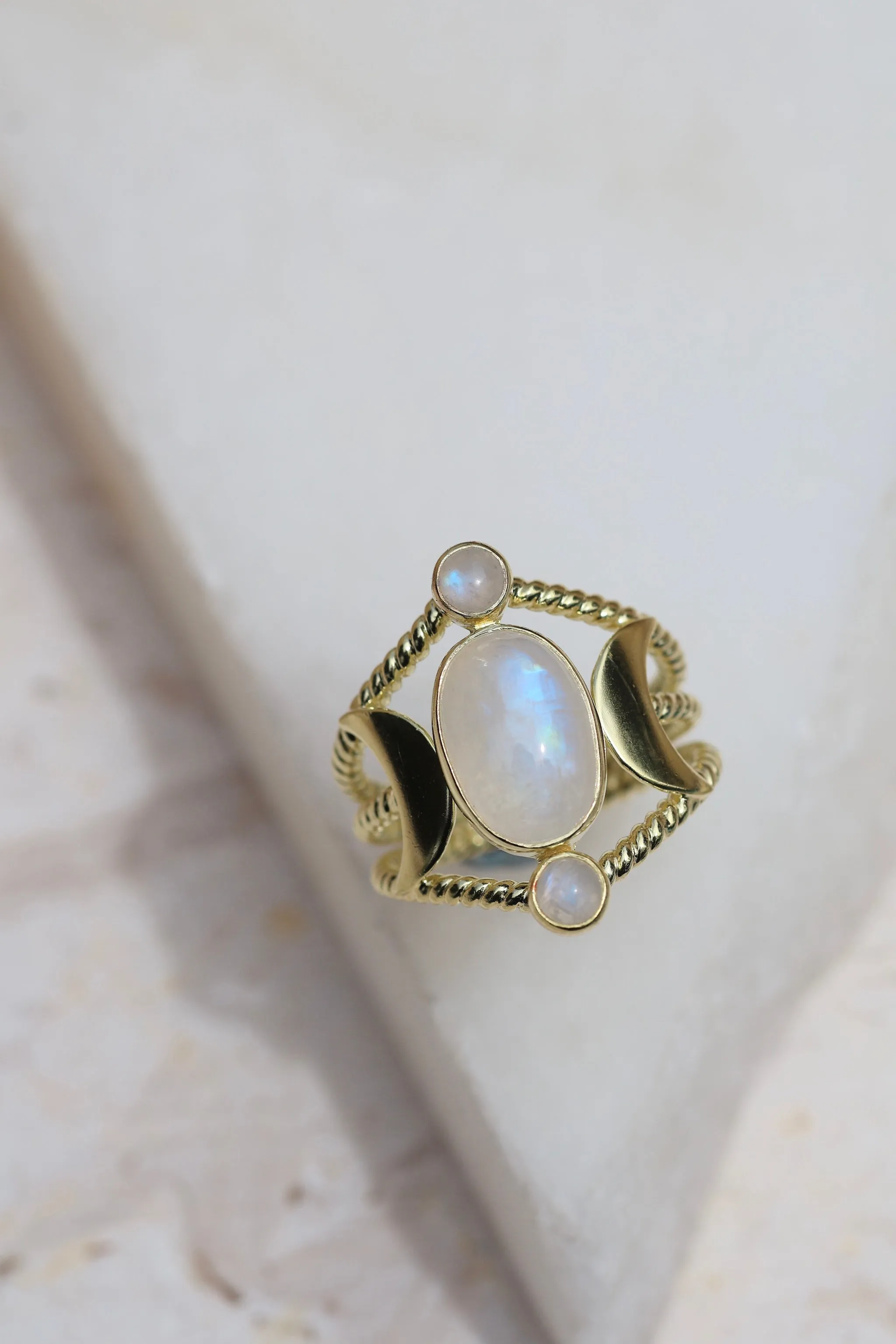 Triple Goddess Raina Gold Moonstone Ring