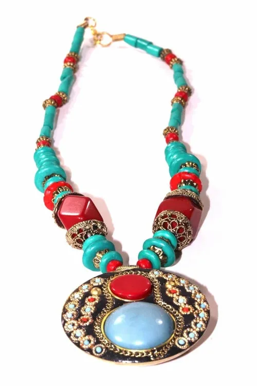 Turquoise & Red Coral Medallion Necklace