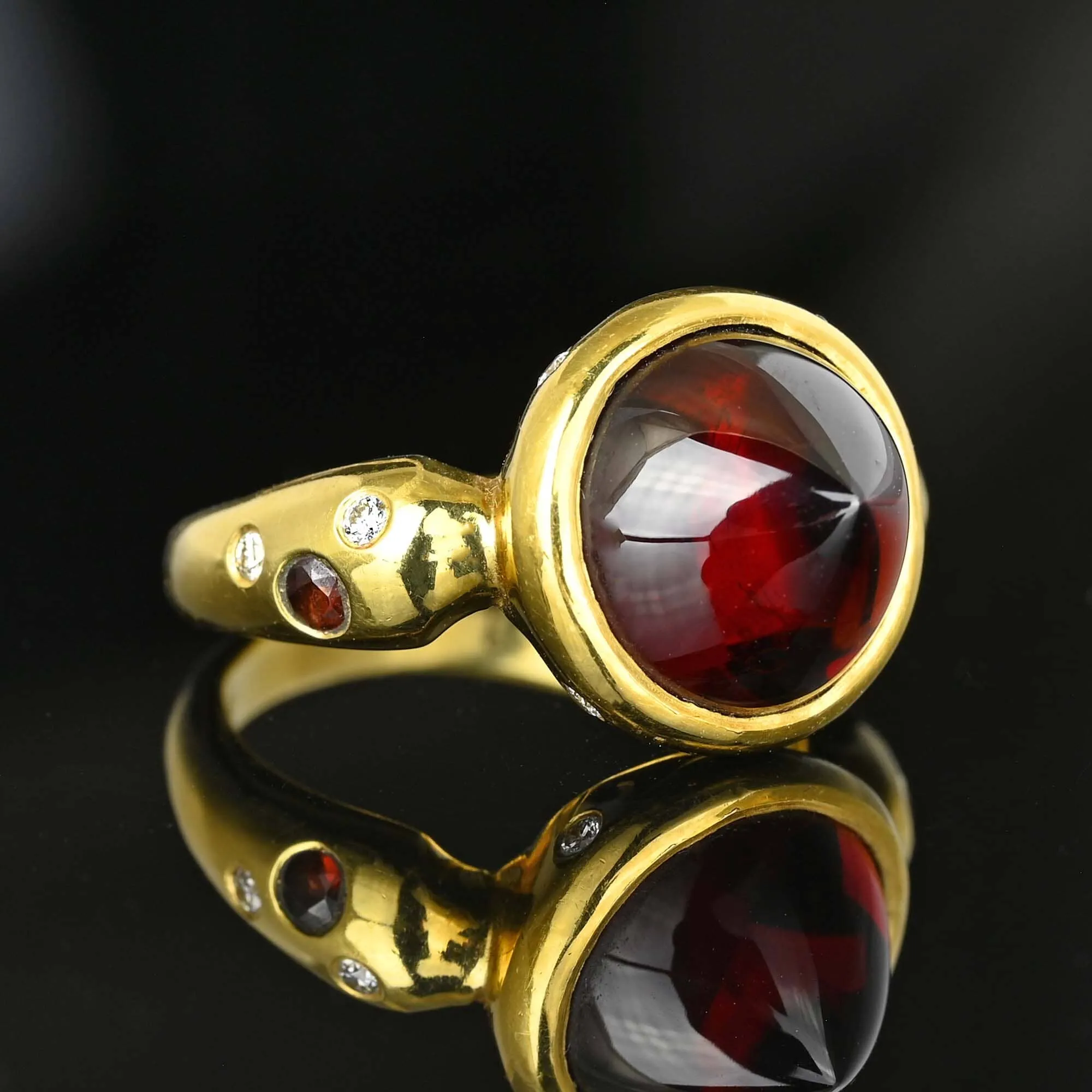 Unique 18K Gold Diamond Bullet Cabochon Garnet Ring