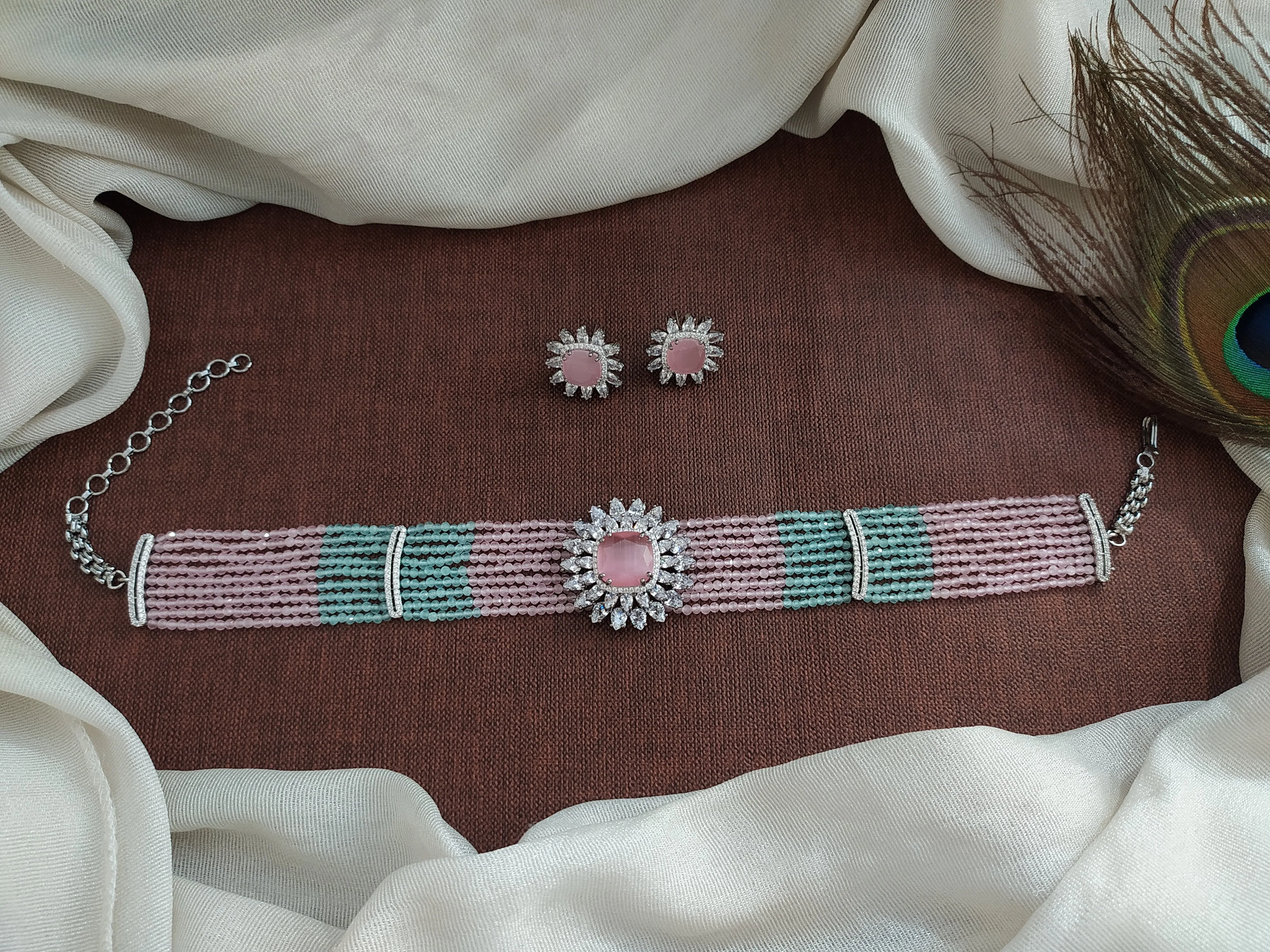 Victorian Elegance for You: Sparkling Choker Set (Mint & Pink, Violet, Green)