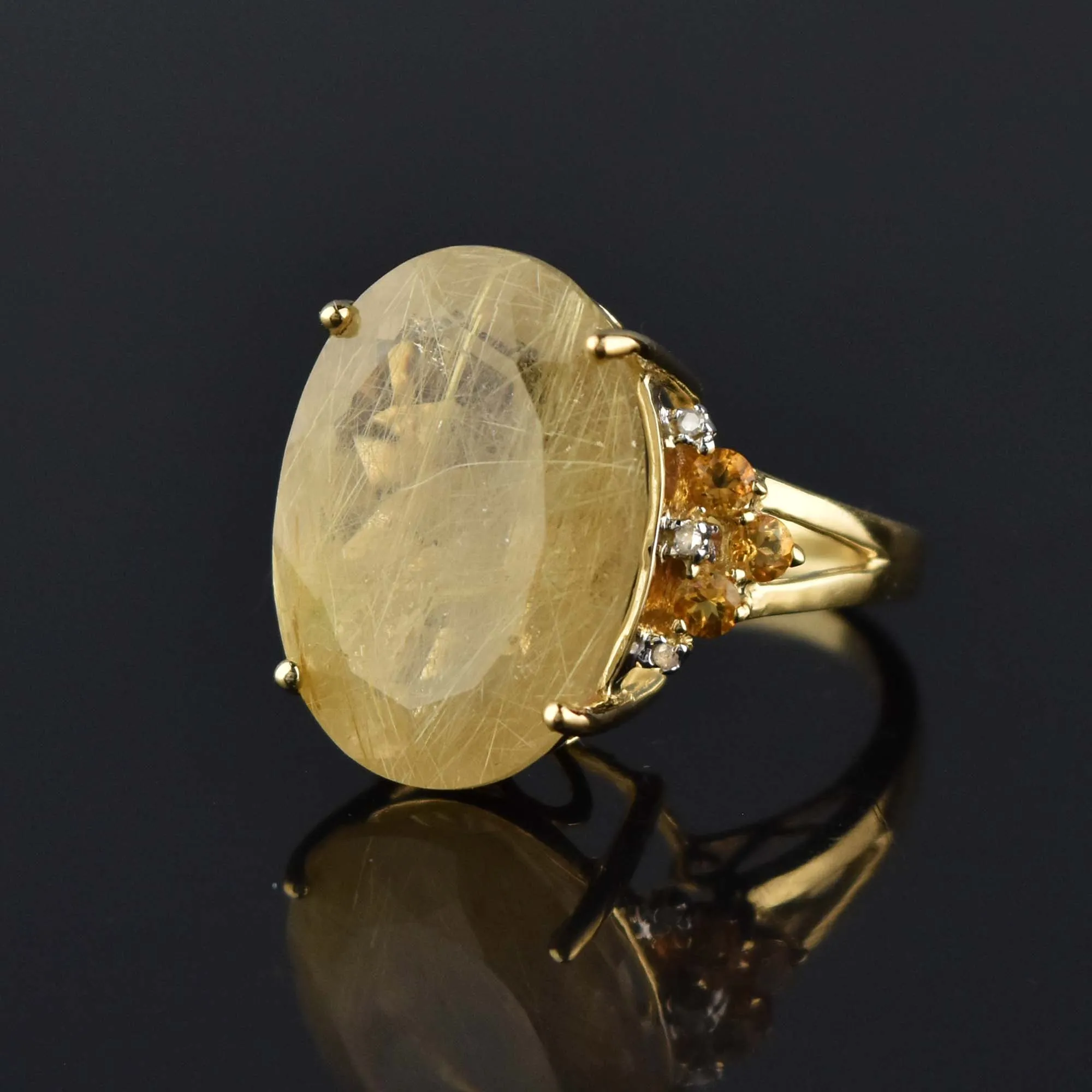 Vintage 15 CTW Rutilated Quartz Diamond Citrine Ring