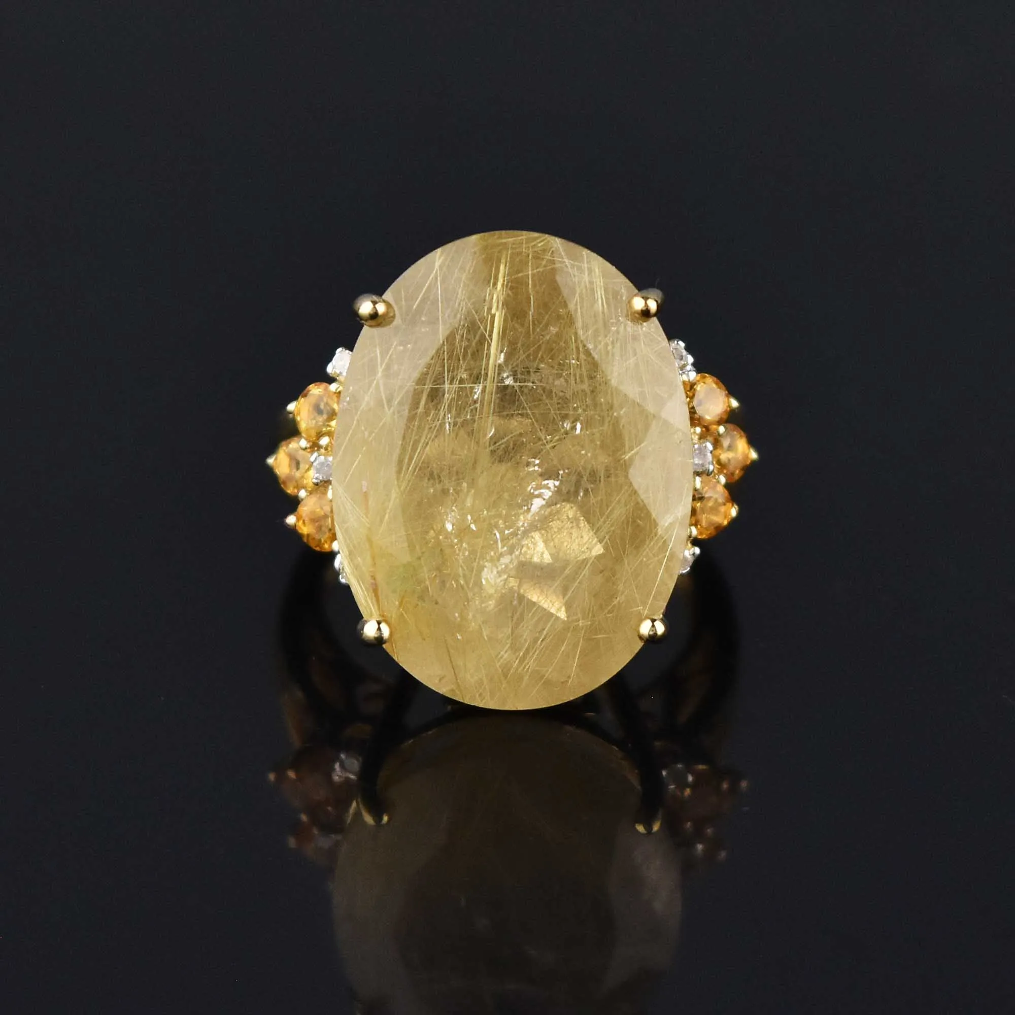 Vintage 15 CTW Rutilated Quartz Diamond Citrine Ring