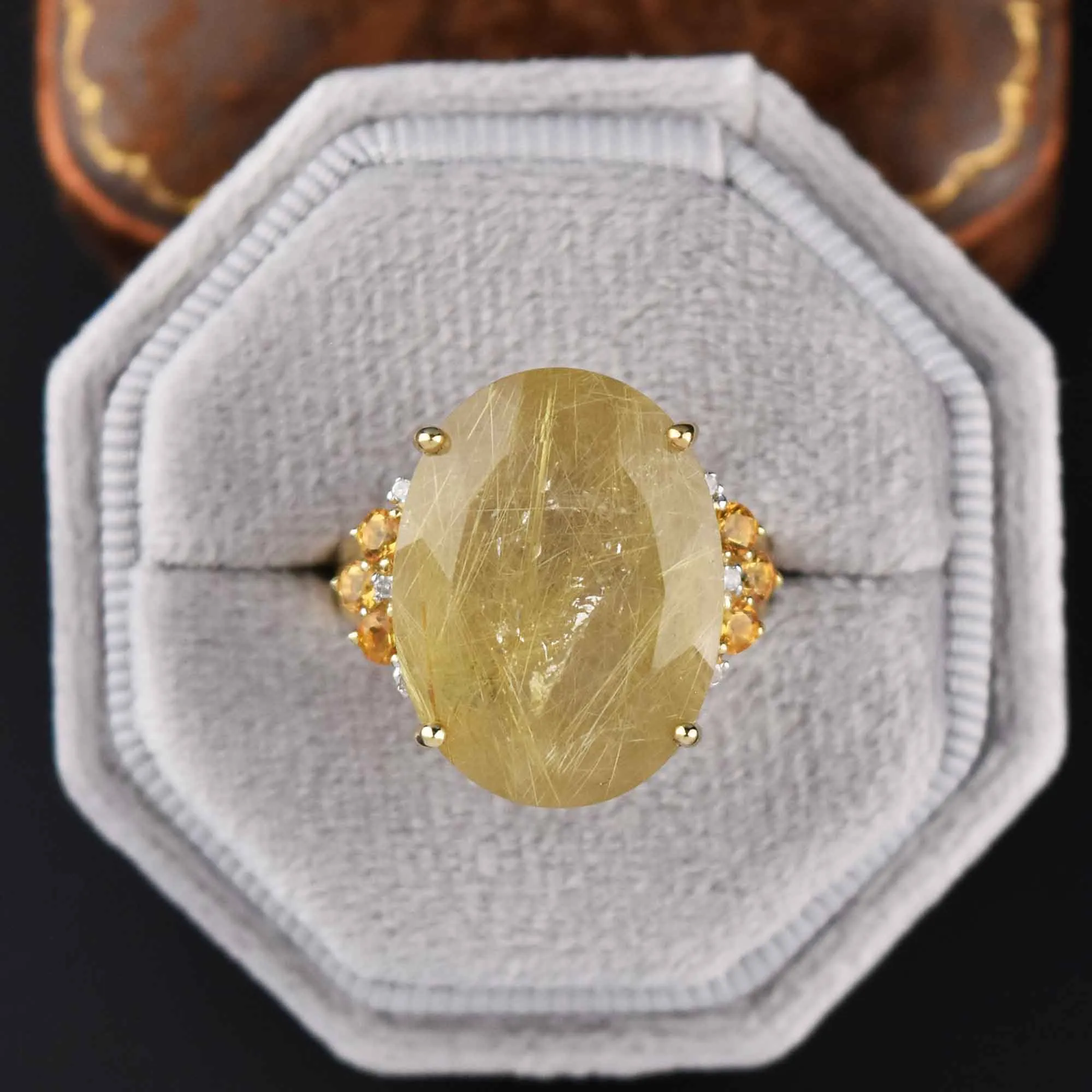 Vintage 15 CTW Rutilated Quartz Diamond Citrine Ring