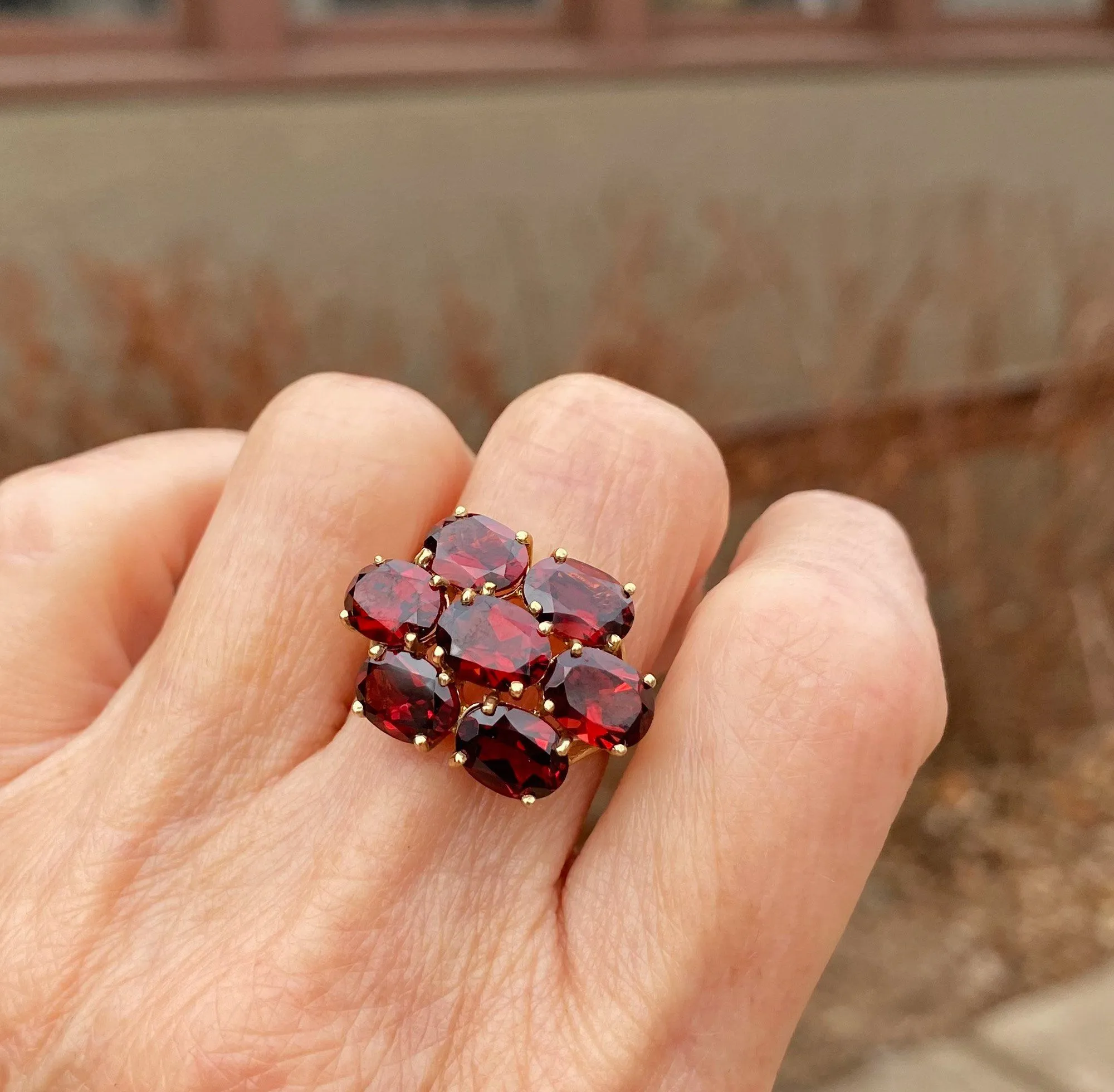 VIntage Garnet Cluster Gold Ring, Sz 8