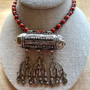 Vintage Silver & Coral Prayer Box Necklace, Yemen