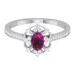 Vintage Style Rhodolite and Diamond Flower Engagement Ring