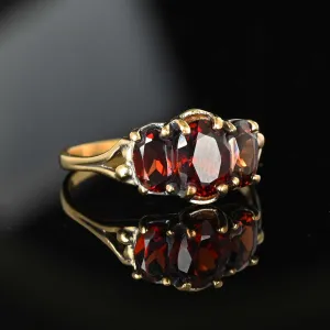 Vintage Three Stone Garnet Ring in 10K Gold