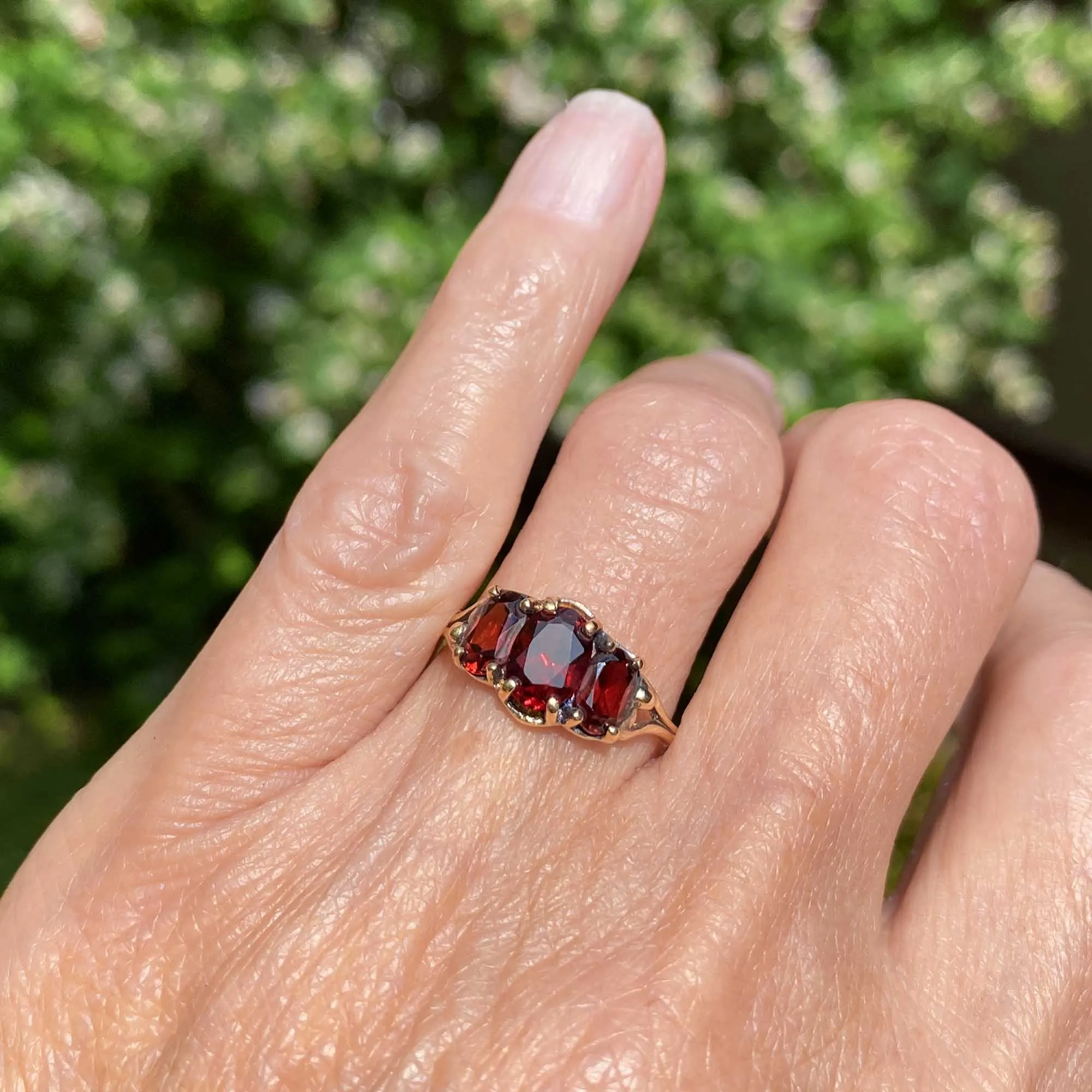 Vintage Three Stone Garnet Ring in 10K Gold