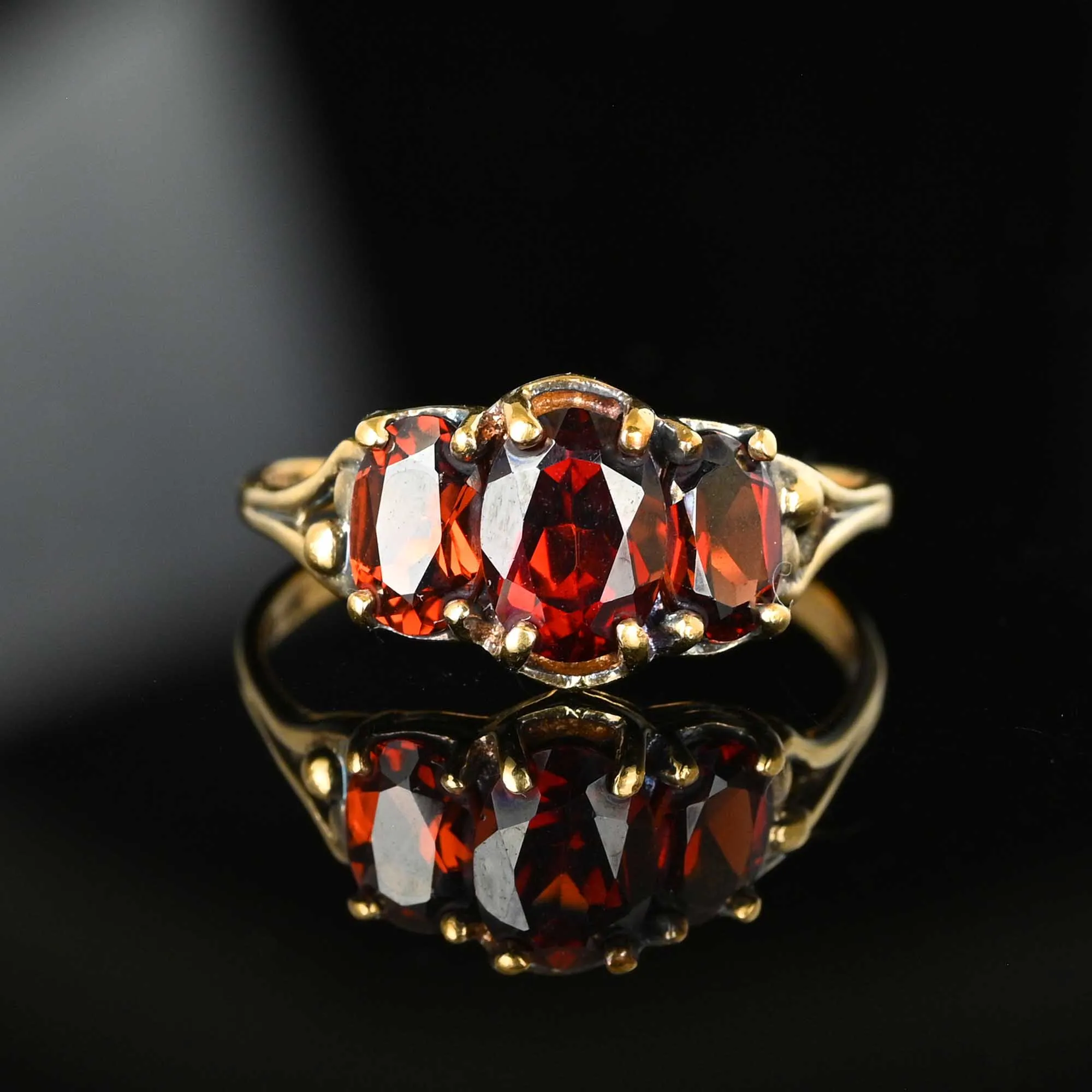 Vintage Three Stone Garnet Ring in 10K Gold