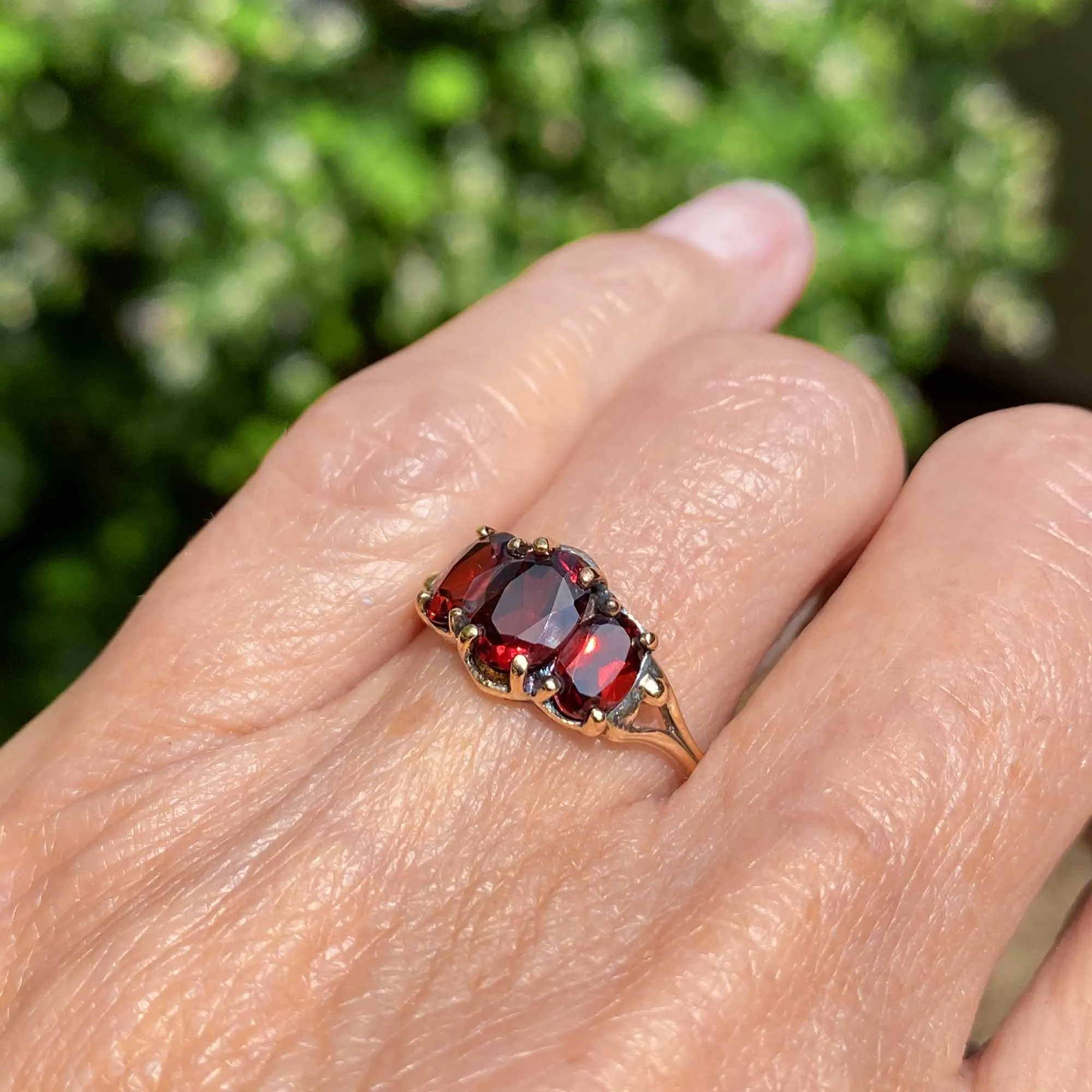 Vintage Three Stone Garnet Ring in 10K Gold